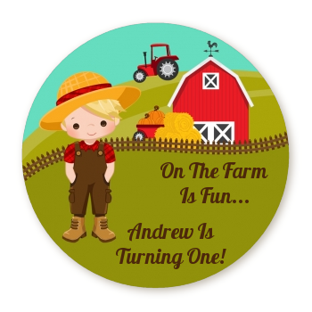  Country Boy On The Farm - Round Personalized Birthday Party Sticker Labels Option 1 - Brown Hair