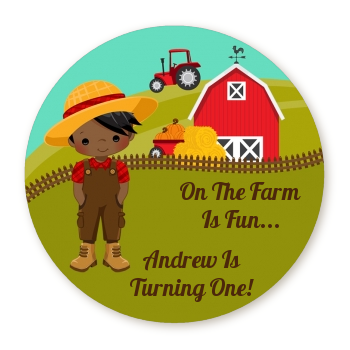  Country Boy On The Farm - Round Personalized Birthday Party Sticker Labels Option 1 - Brown Hair