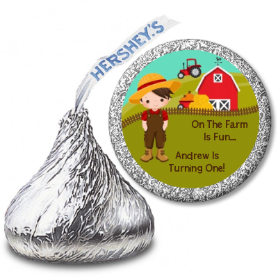  Country Boy On The Farm - Hershey Kiss Birthday Party Sticker Labels Option 1 - Brown Hair
