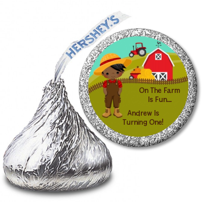  Country Boy On The Farm - Hershey Kiss Birthday Party Sticker Labels Option 1 - Brown Hair