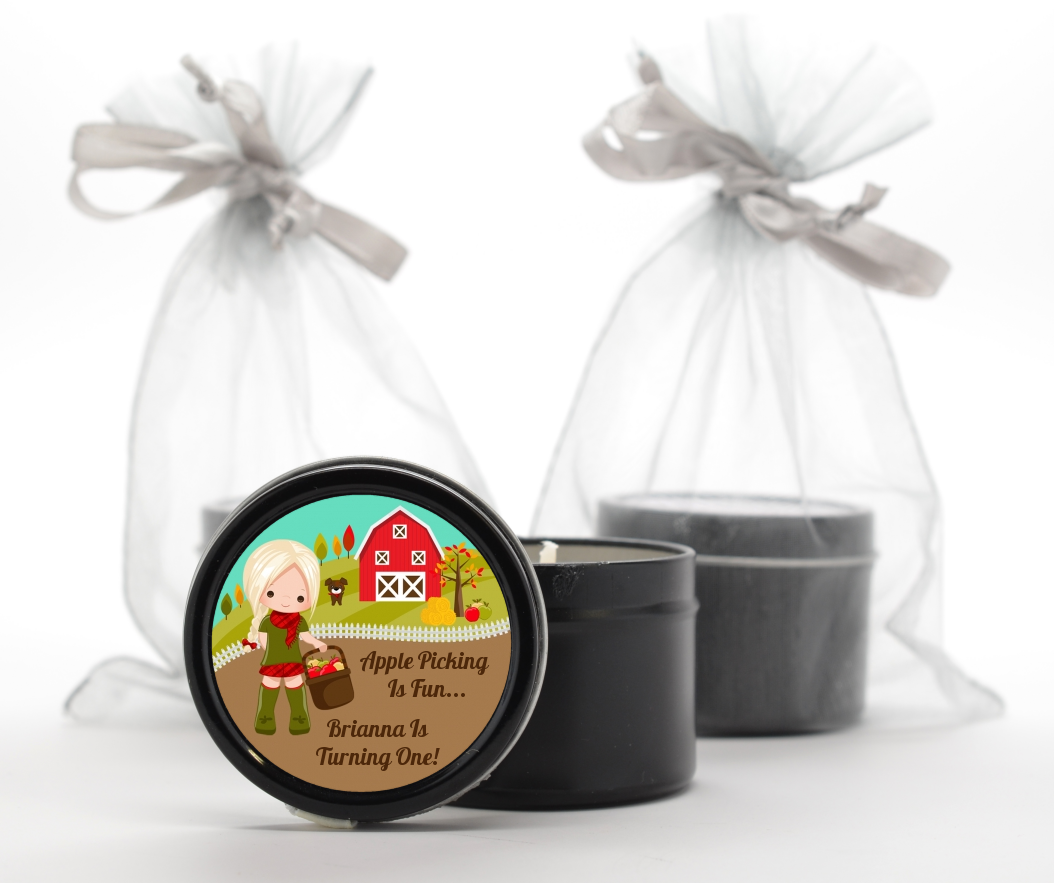  Country Girl Apple Picking - Birthday Party Black Candle Tin Favors Option 1 - Brown Hair