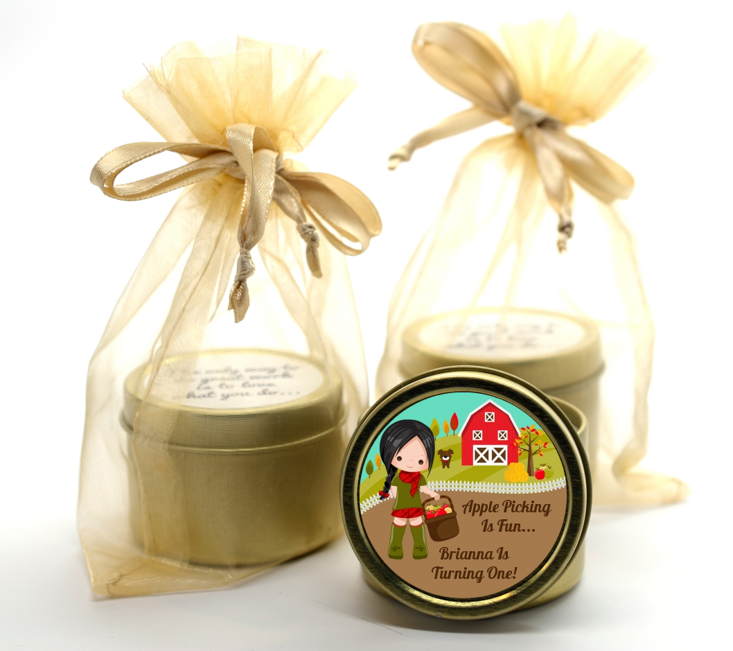  Country Girl Apple Picking - Birthday Party Gold Tin Candle Favors Option 1 - Brown Hair