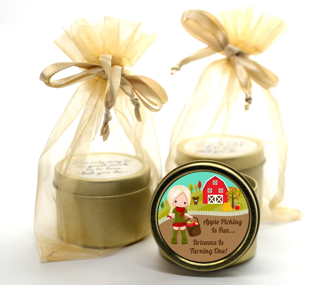  Country Girl Apple Picking - Birthday Party Gold Tin Candle Favors Option 1 - Brown Hair