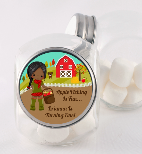  Country Girl Apple Picking - Personalized Birthday Party Candy Jar Option 1 - Brown Hair