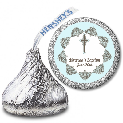 Cross Blue & Brown - Hershey Kiss Baptism / Christening Sticker Labels