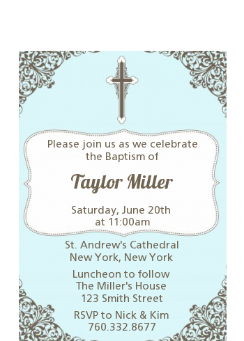 Cross Blue & Brown - Baptism / Christening Petite Invitations