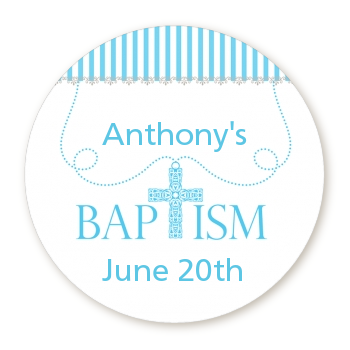  Cross Blue Necklace - Round Personalized Baptism / Christening Sticker Labels Option 1