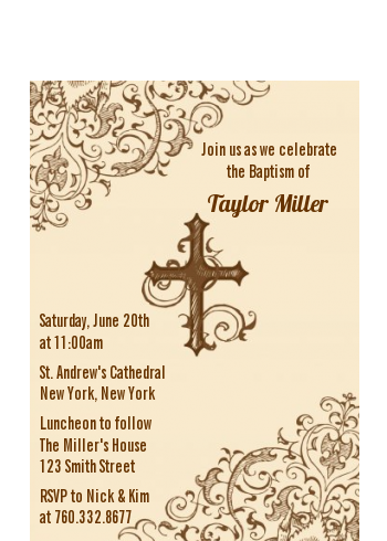 Cross Brown & Beige - Baptism / Christening Petite Invitations