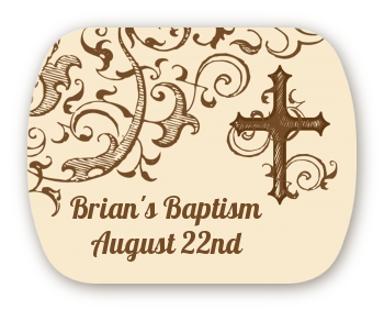 Cross Brown & Beige - Personalized Baptism / Christening Rounded Corner Stickers