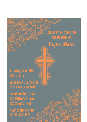 Cross Grey & Orange - Baptism / Christening Petite Invitations