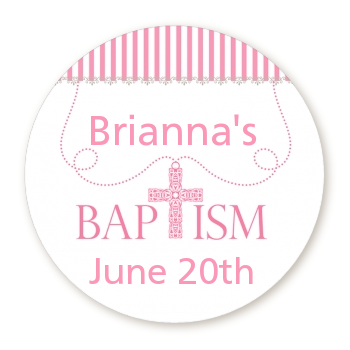  Cross Pink Necklace - Round Personalized Baptism / Christening Sticker Labels Option 1