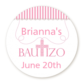  Cross Pink Necklace - Round Personalized Baptism / Christening Sticker Labels Option 1