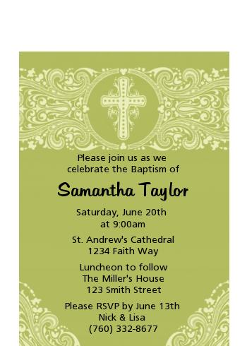 Cross Sage Green - Baptism / Christening Petite Invitations