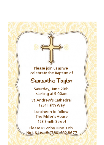 Cross Yellow & Brown - Baptism / Christening Petite Invitations