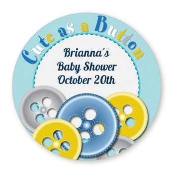  Cute As a Button - Round Personalized Baby Shower Sticker Labels Blue and Pink