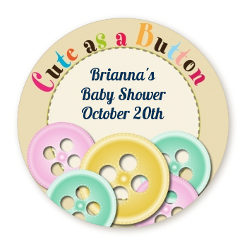  Cute As a Button - Round Personalized Baby Shower Sticker Labels Blue and Pink