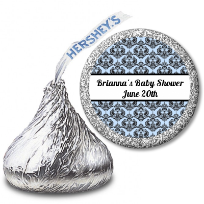  Damask - Hershey Kiss Baby Shower Sticker Labels Blue / Black