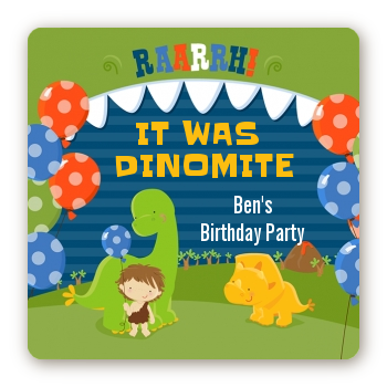 Dinosaur and Caveman - Square Personalized Birthday Party Sticker Labels