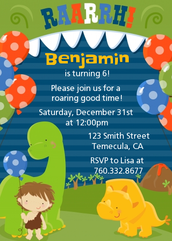 Dinosaur and Caveman - Birthday Party Invitations