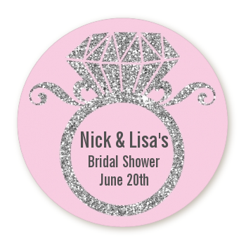  Engagement Ring Silver Glitter - Round Personalized Bridal Shower Sticker Labels Option 1