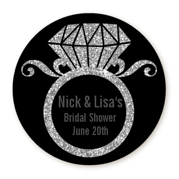  Engagement Ring Silver Glitter - Round Personalized Bridal Shower Sticker Labels Option 1