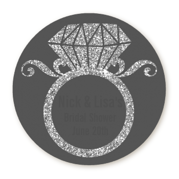  Engagement Ring Silver Glitter - Round Personalized Bridal Shower Sticker Labels Option 1