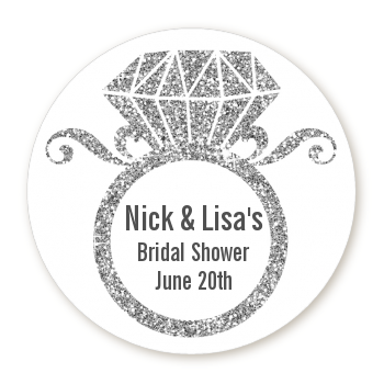  Engagement Ring Silver Glitter - Round Personalized Bridal Shower Sticker Labels Option 1