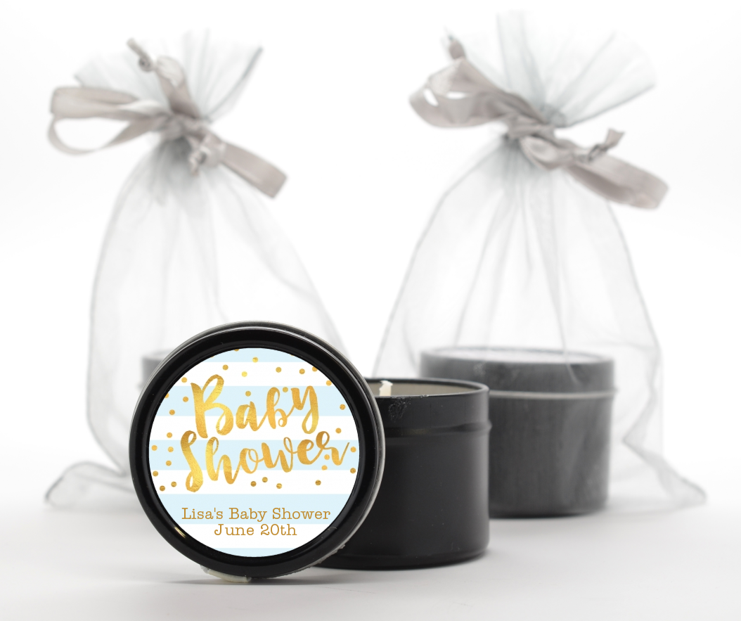  Faux Gold and Blue Stripes - Baby Shower Black Candle Tin Favors Baby Shower