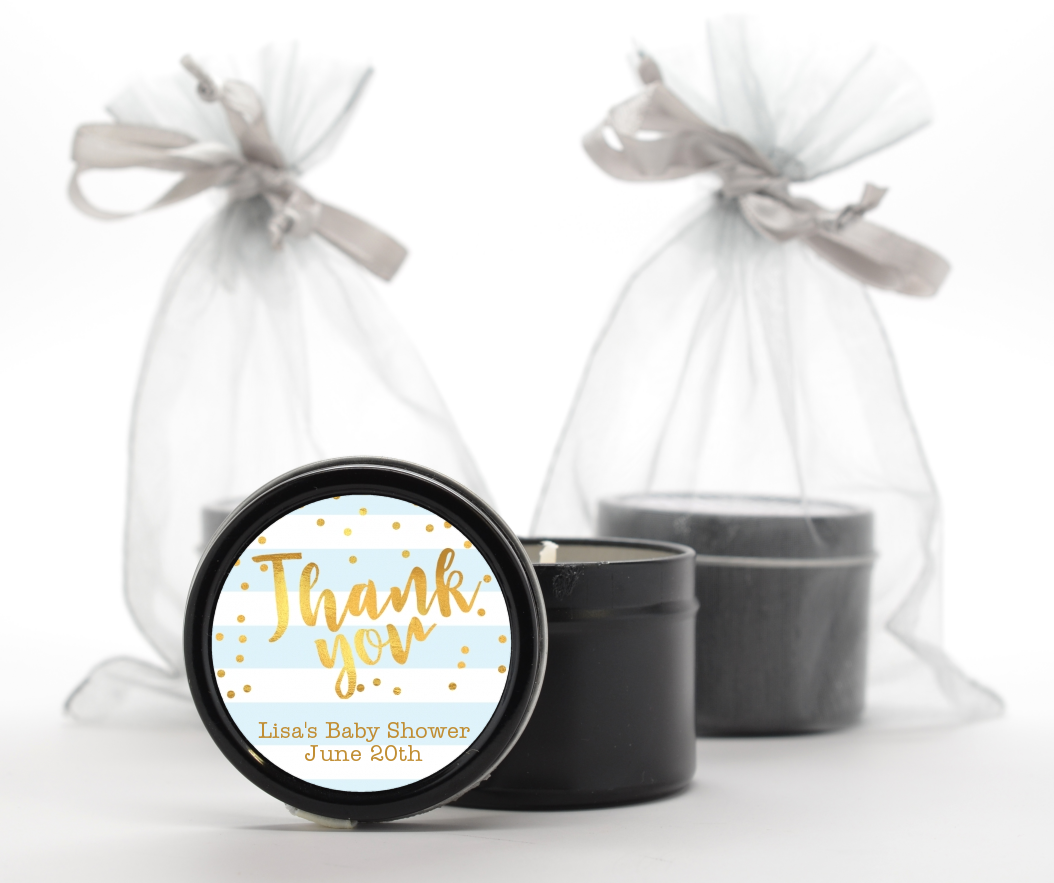  Faux Gold and Blue Stripes - Baby Shower Black Candle Tin Favors Baby Shower