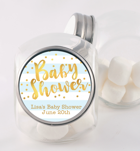  Faux Gold and Blue Stripes - Personalized Baby Shower Candy Jar Baby Shower