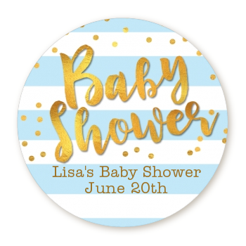  Faux Gold and Blue Stripes - Round Personalized Baby Shower Sticker Labels Baby Shower