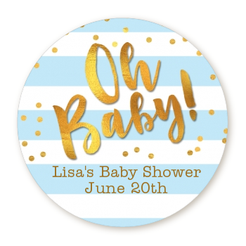  Faux Gold and Blue Stripes - Round Personalized Baby Shower Sticker Labels Baby Shower