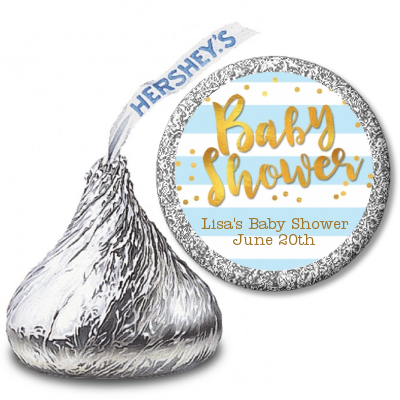  Faux Gold and Blue Stripes - Hershey Kiss Baby Shower Sticker Labels Baby Shower
