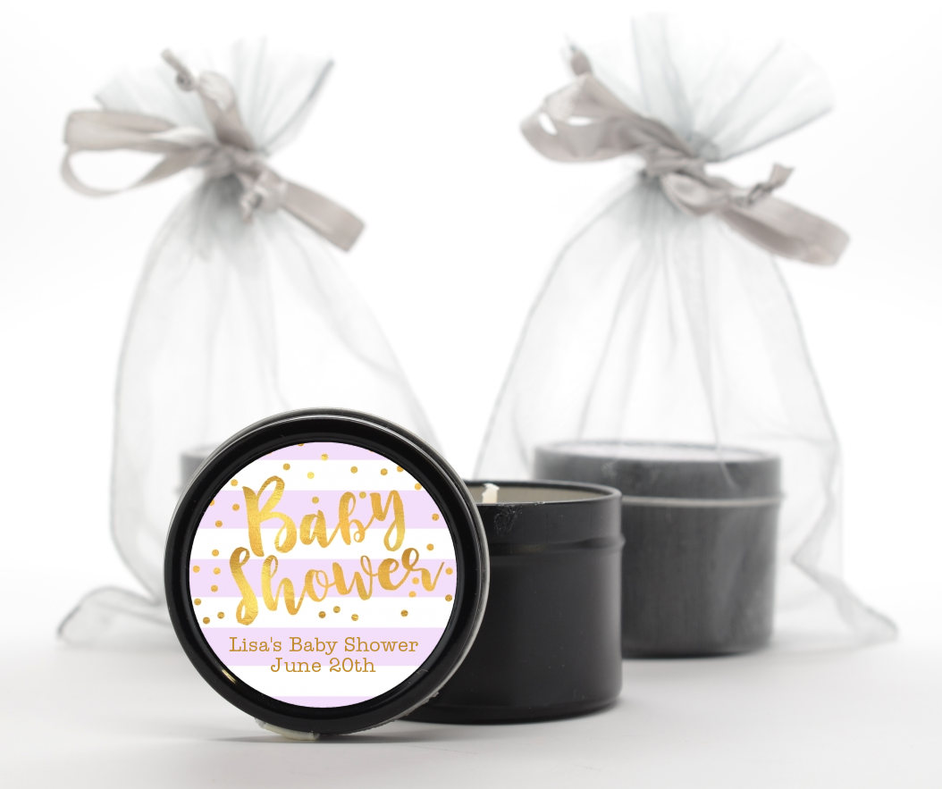  Faux Gold and Lavender Stripes - Baby Shower Black Candle Tin Favors Baby Shower