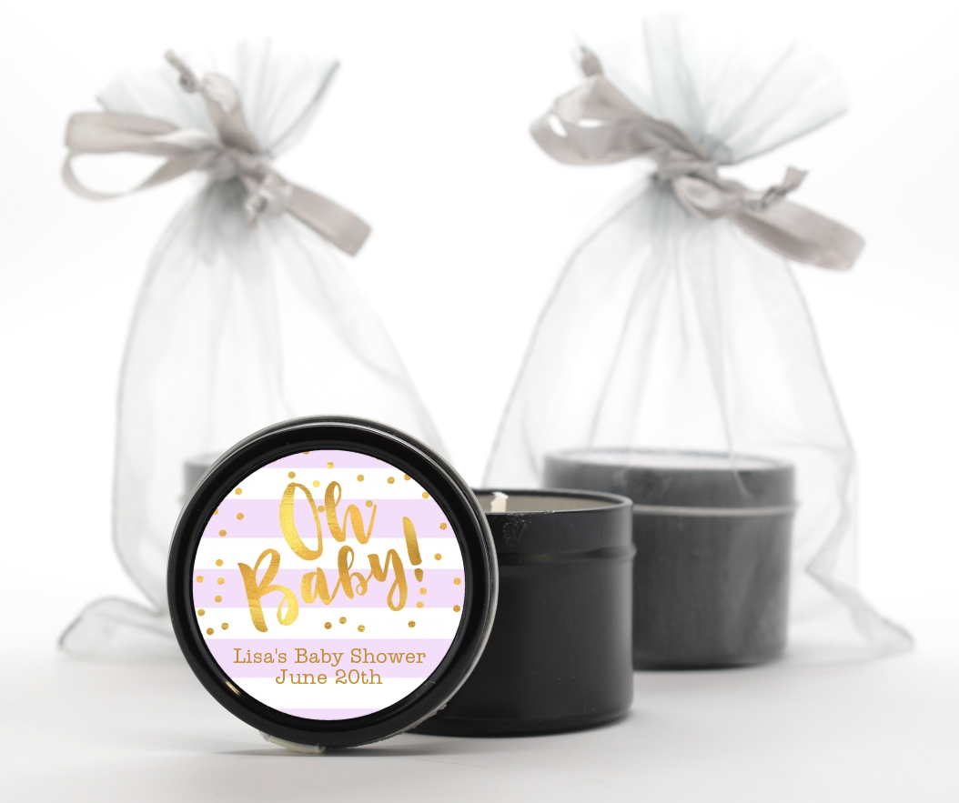  Faux Gold and Lavender Stripes - Baby Shower Black Candle Tin Favors Baby Shower