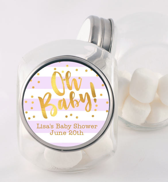  Faux Gold and Lavender Stripes - Personalized Baby Shower Candy Jar Baby Shower