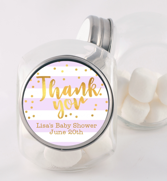  Faux Gold and Lavender Stripes - Personalized Baby Shower Candy Jar Baby Shower