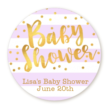  Faux Gold and Lavender Stripes - Round Personalized Baby Shower Sticker Labels Baby Shower