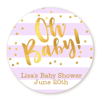  Faux Gold and Lavender Stripes - Round Personalized Baby Shower Sticker Labels Baby Shower