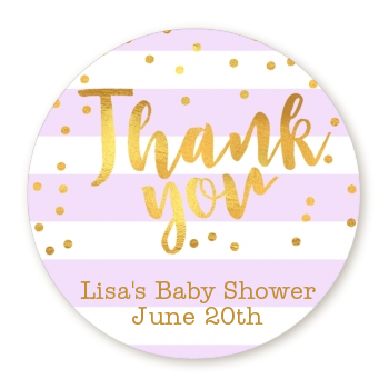  Faux Gold and Lavender Stripes - Round Personalized Baby Shower Sticker Labels Baby Shower