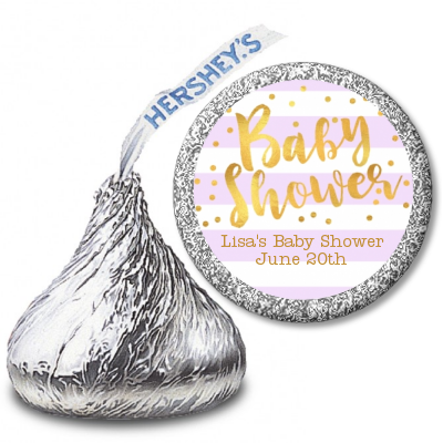  Faux Gold and Lavender Stripes - Hershey Kiss Baby Shower Sticker Labels Baby Shower