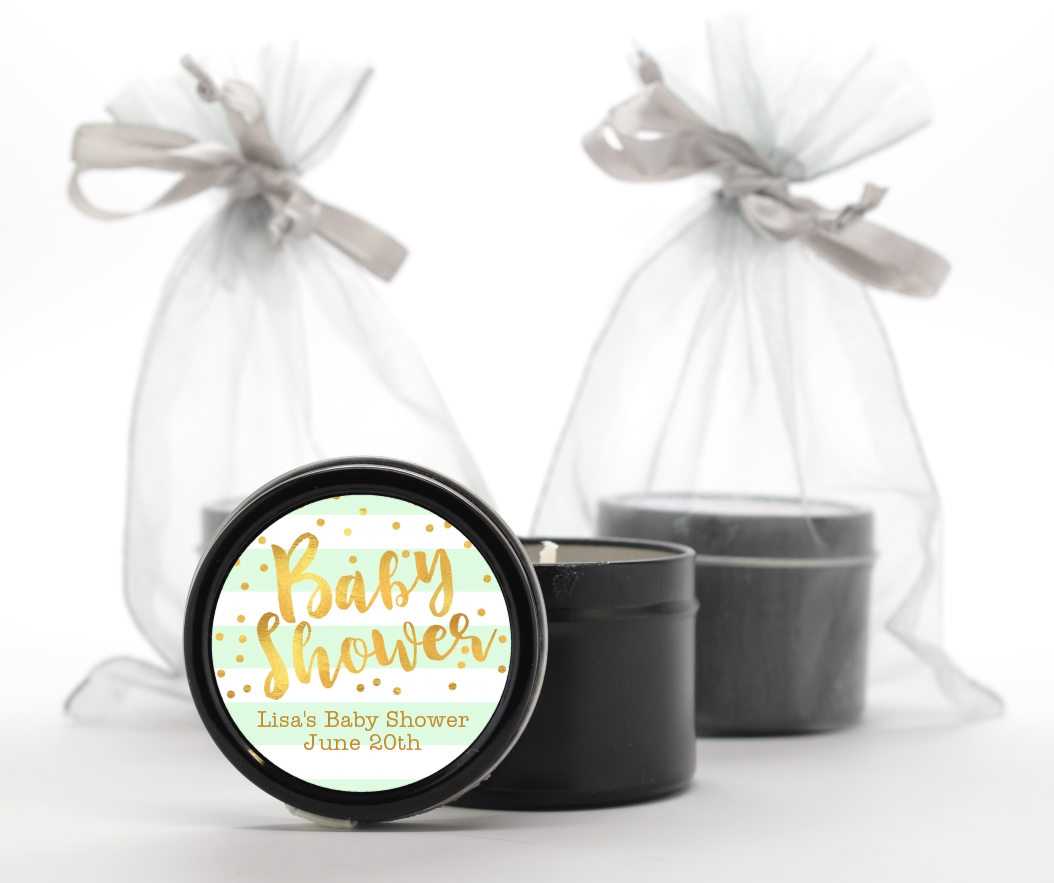  Faux Gold and Mint Stripes - Baby Shower Black Candle Tin Favors Baby Shower