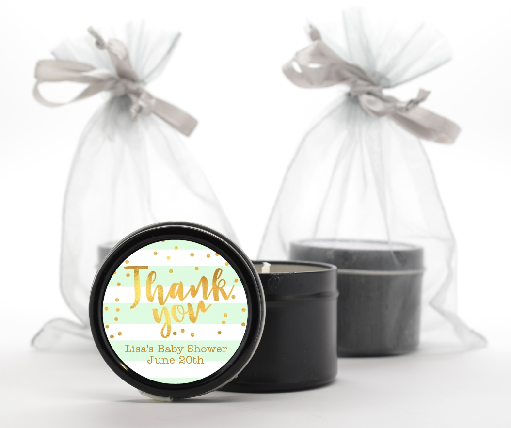  Faux Gold and Mint Stripes - Baby Shower Black Candle Tin Favors Baby Shower