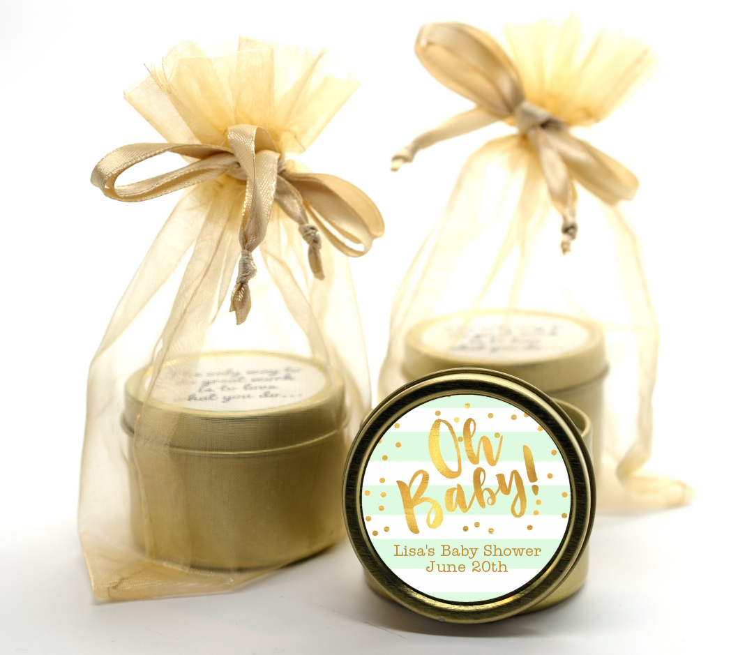  Faux Gold and Mint Stripes - Baby Shower Gold Tin Candle Favors Baby Shower