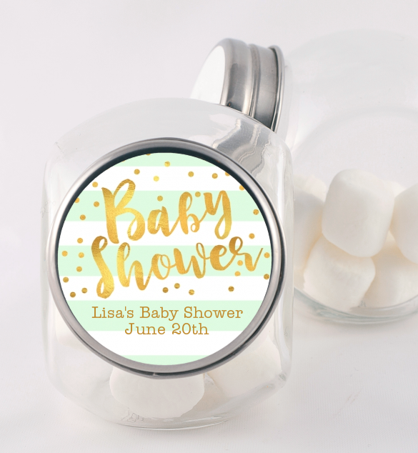  Faux Gold and Mint Stripes - Personalized Baby Shower Candy Jar Baby Shower