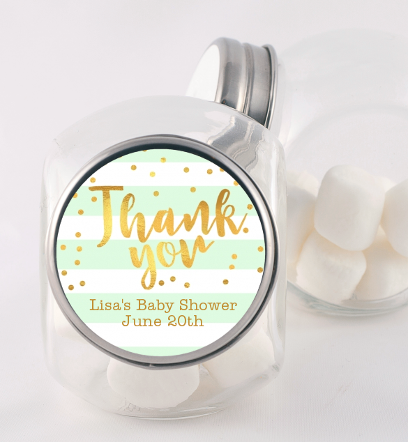  Faux Gold and Mint Stripes - Personalized Baby Shower Candy Jar Baby Shower