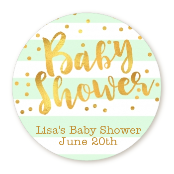  Faux Gold and Mint Stripes - Round Personalized Baby Shower Sticker Labels Baby Shower