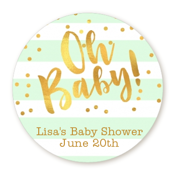  Faux Gold and Mint Stripes - Round Personalized Baby Shower Sticker Labels Baby Shower