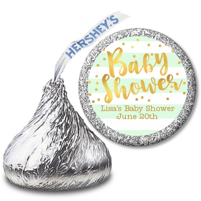  Faux Gold and Mint Stripes - Hershey Kiss Baby Shower Sticker Labels Baby Shower