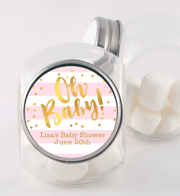  Faux Gold and Pink Stripes - Personalized Baby Shower Candy Jar Baby Shower